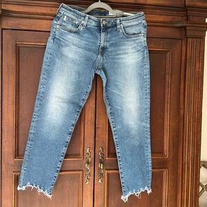 AG jeans. The prima crop, cigarette style with frayed hem.